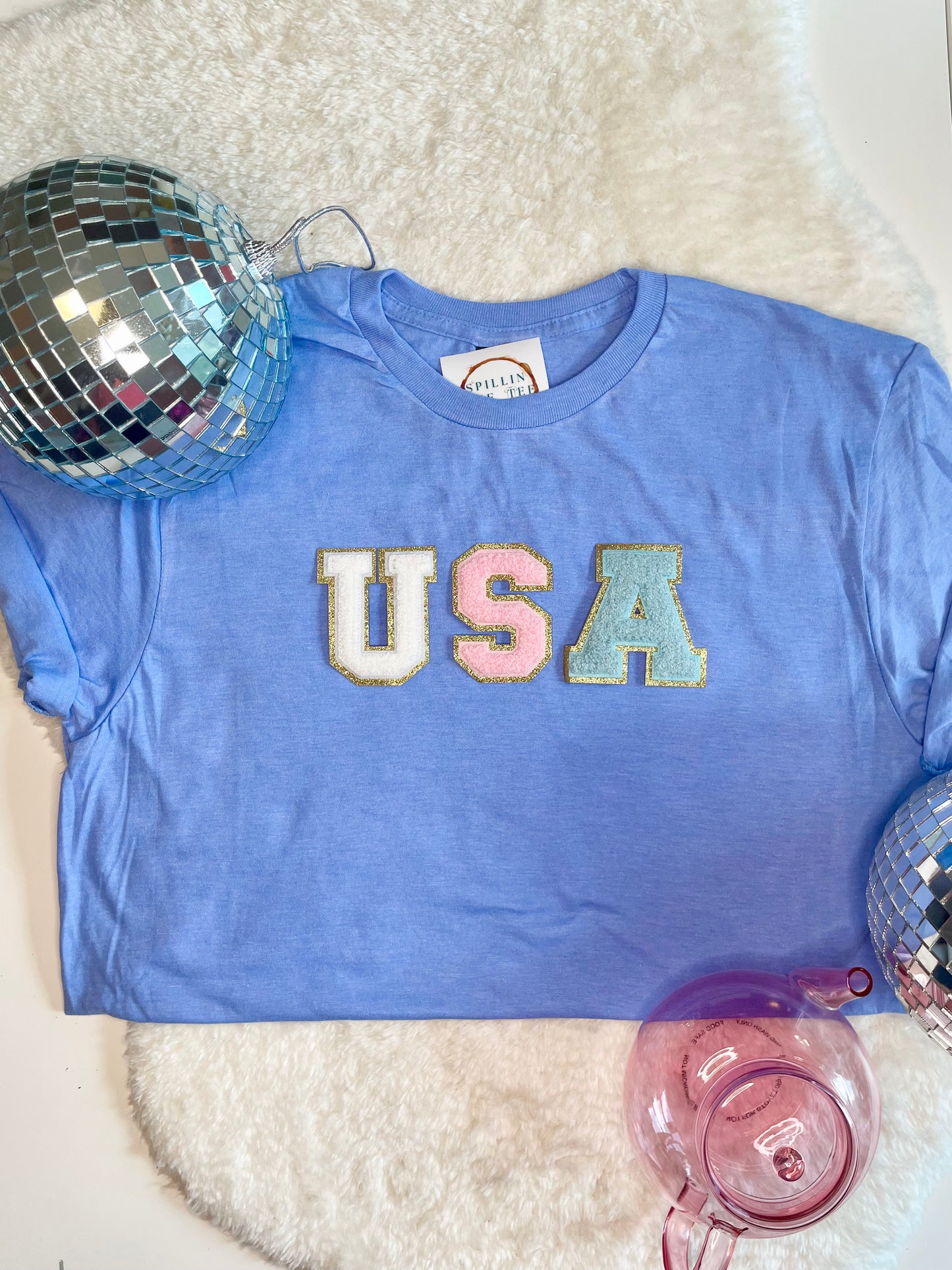 USA pastel white, pink and blue varsity letter Adult Tees