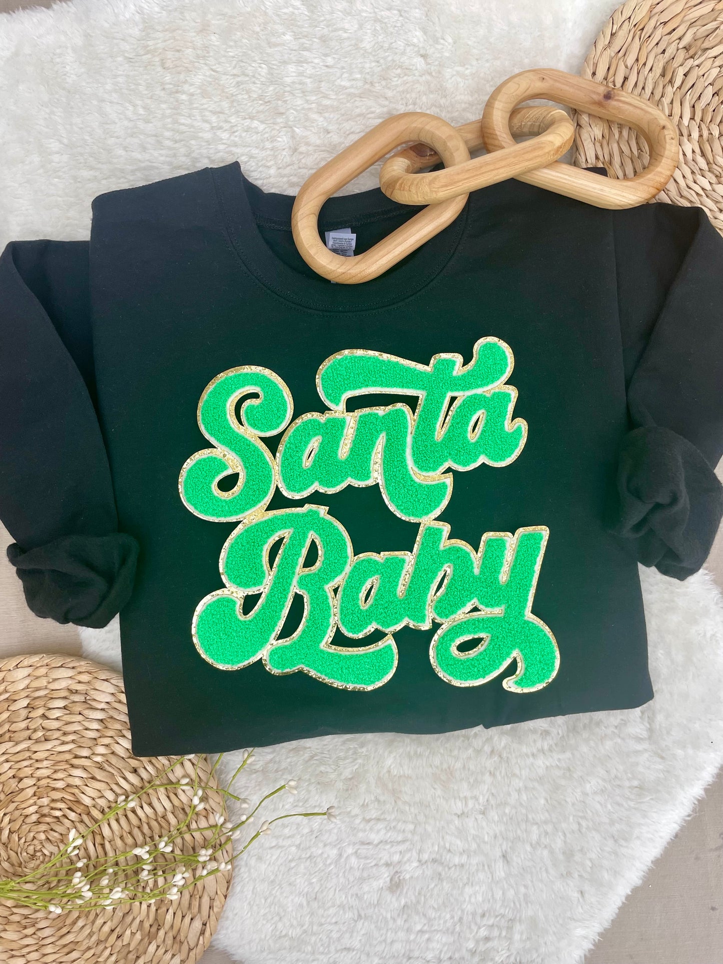 Green Santa Baby script Chenille pullover