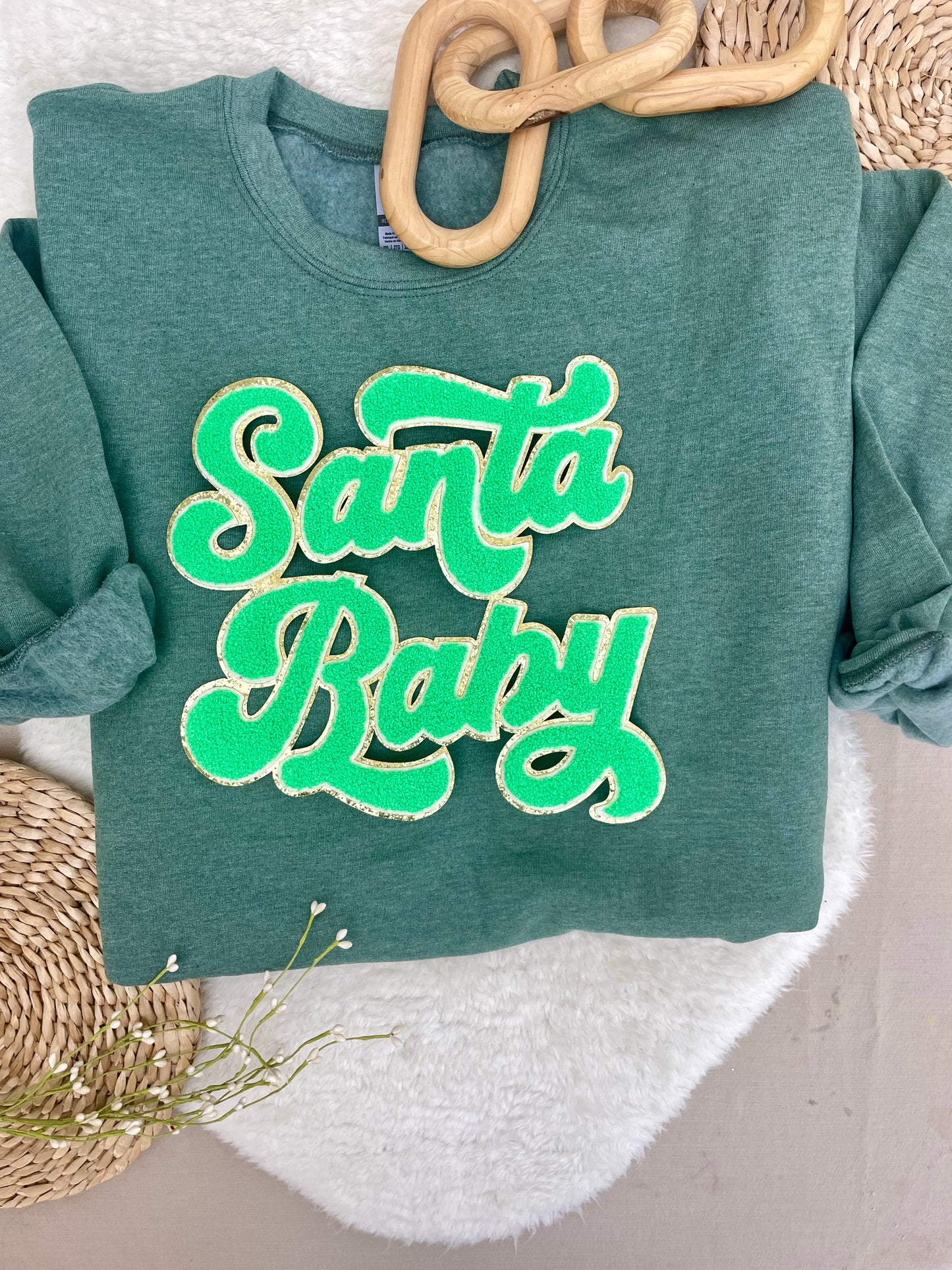 Green Santa Baby script Chenille pullover