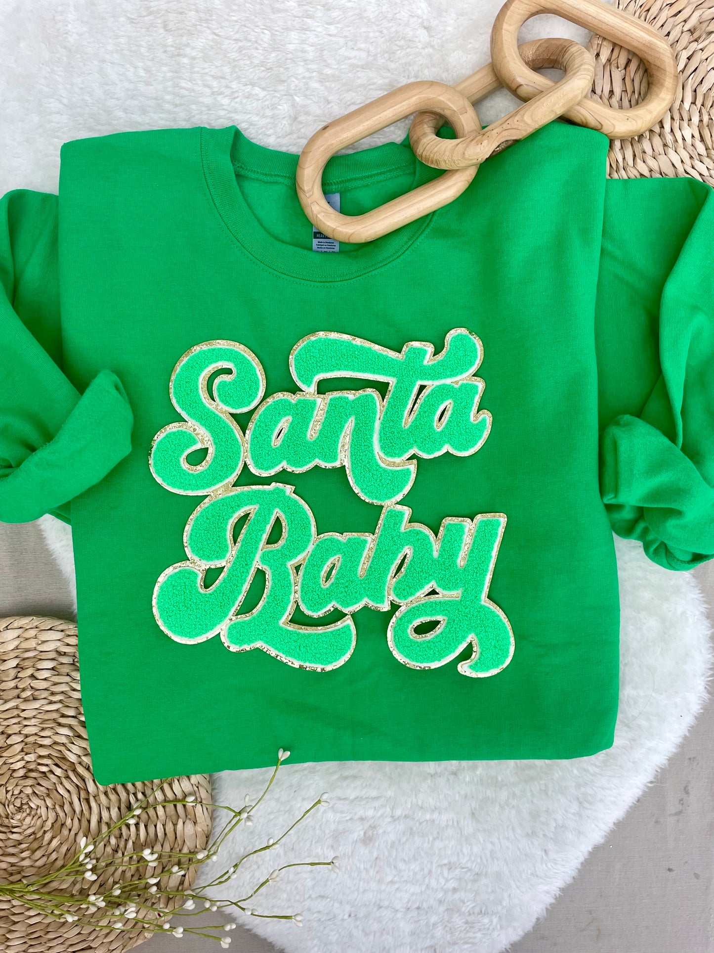 Green Santa Baby script Chenille pullover