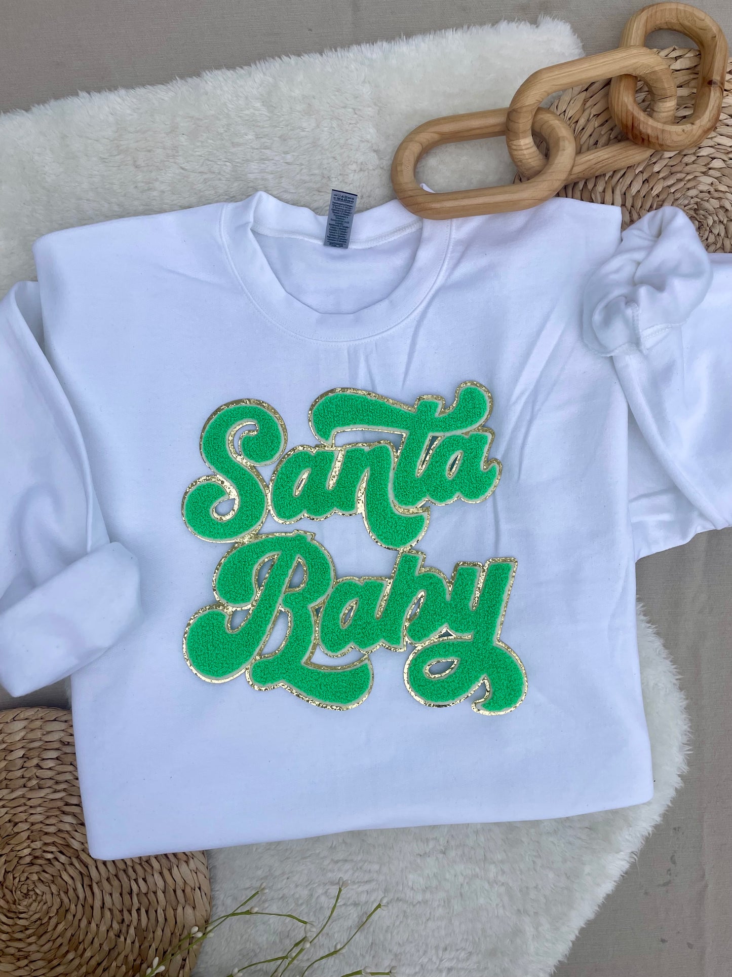 Green Santa Baby script Chenille pullover