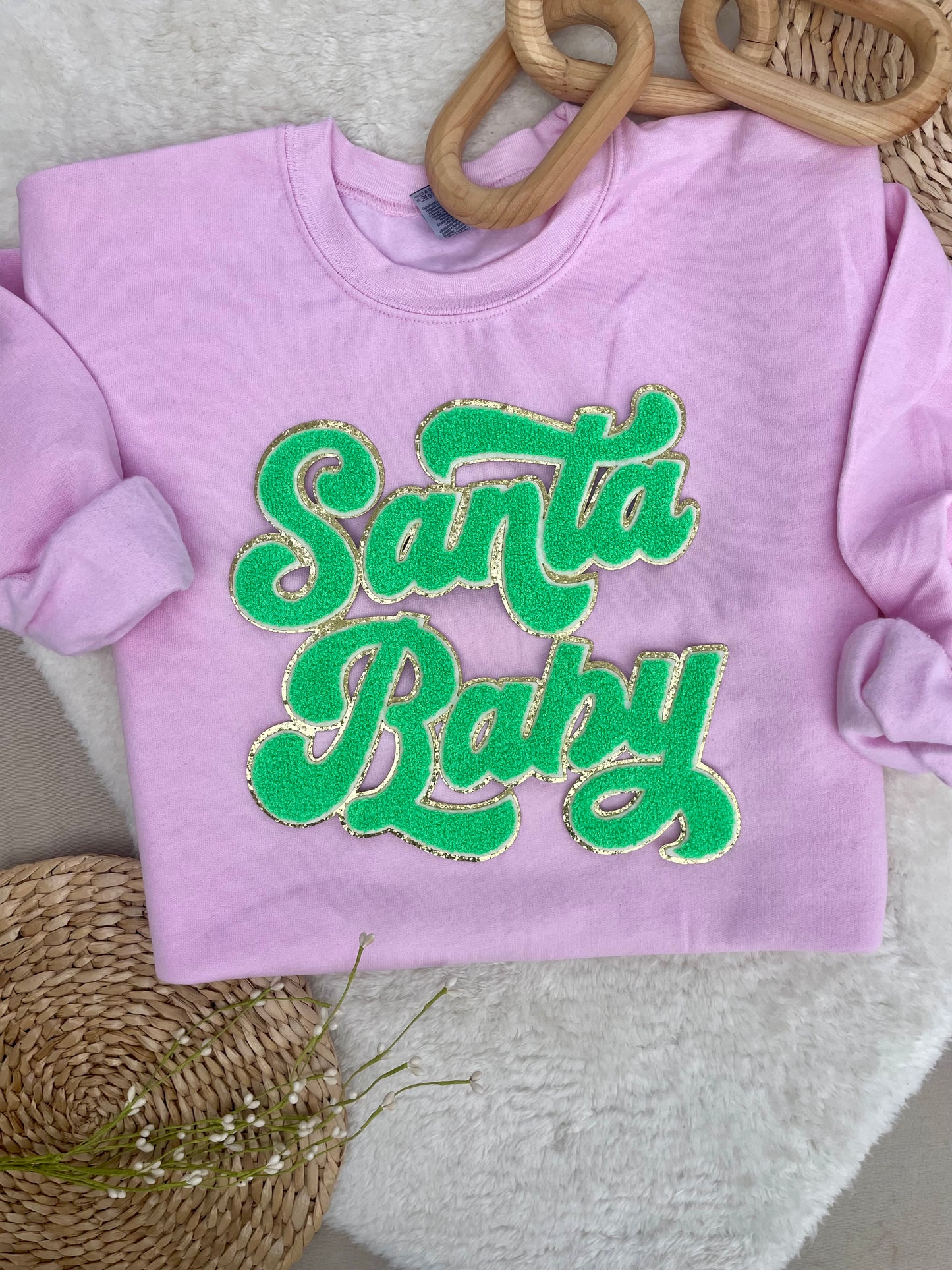 Green Santa Baby script Chenille pullover