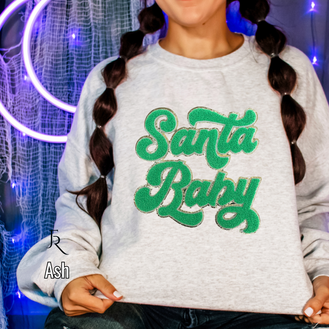 Green Santa Baby script Chenille pullover