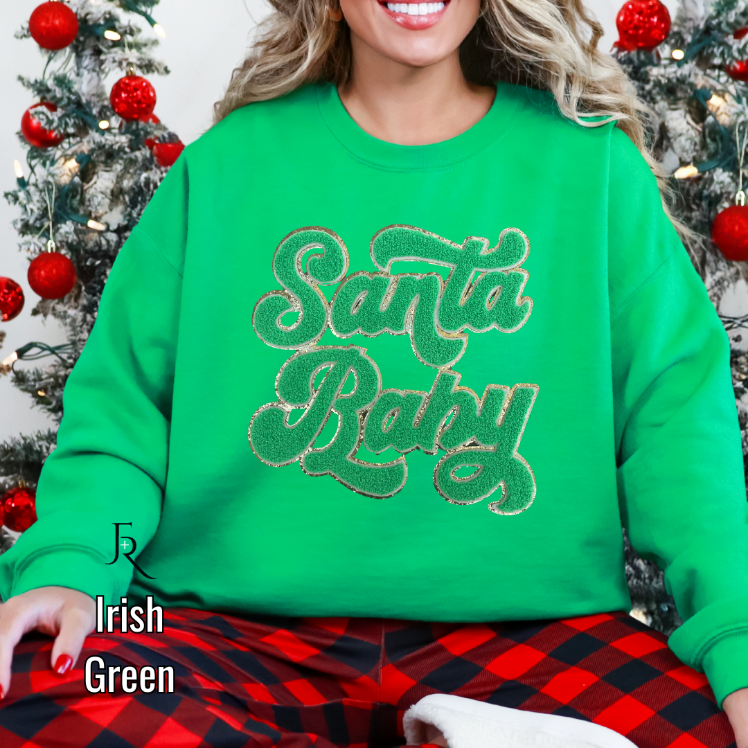 Green Santa Baby script Chenille pullover