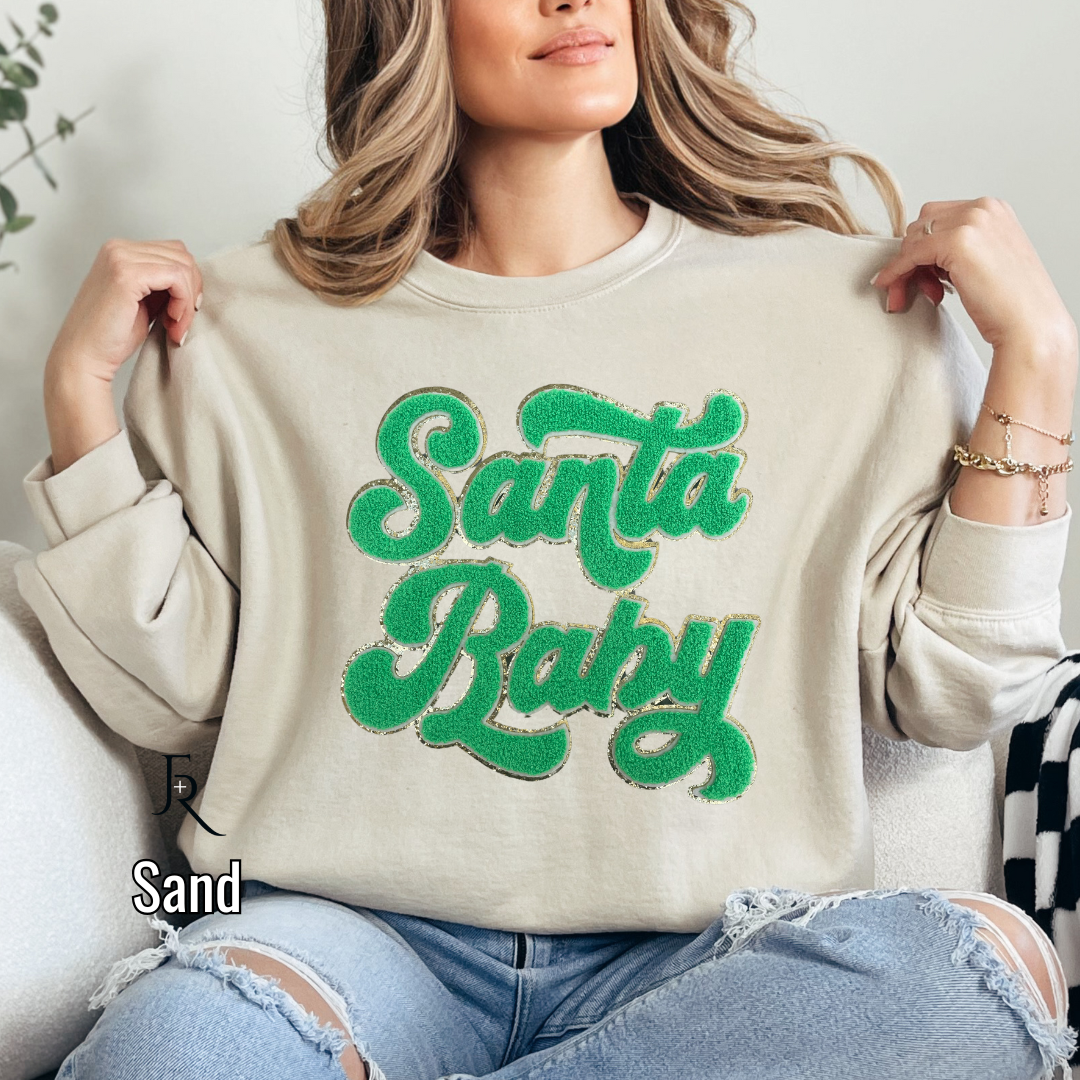 Green Santa Baby script Chenille pullover