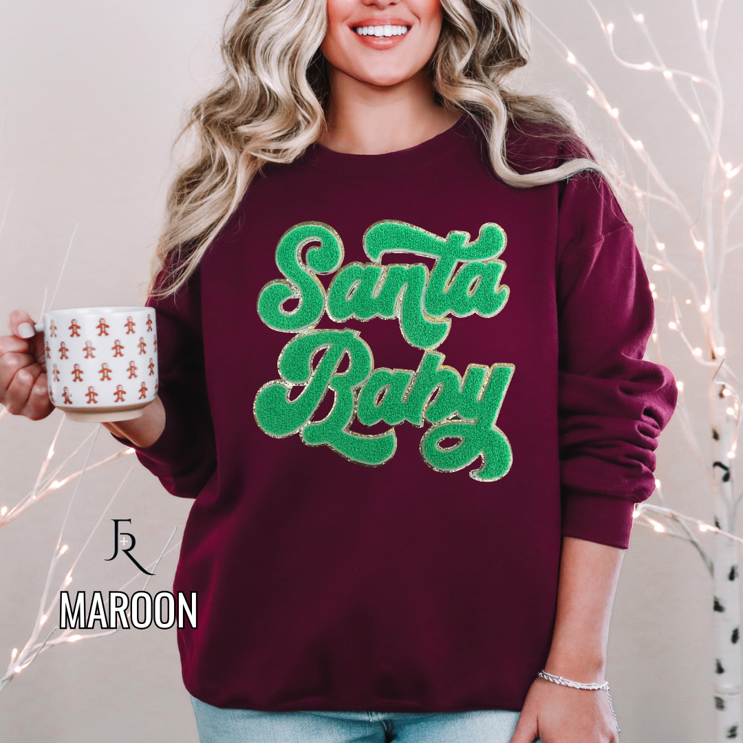 Green Santa Baby script Chenille pullover