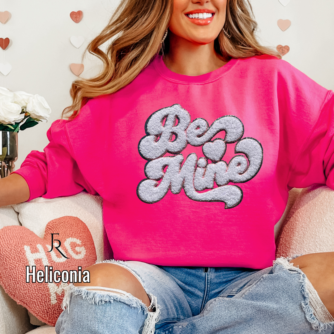 White "Be Mine" Script Chenille with silver glitter border and pops of pink fleece pullover