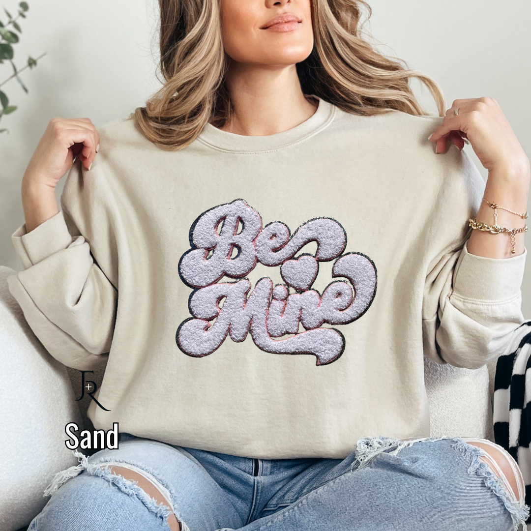 White "Be Mine" Script Chenille with silver glitter border and pops of pink fleece pullover