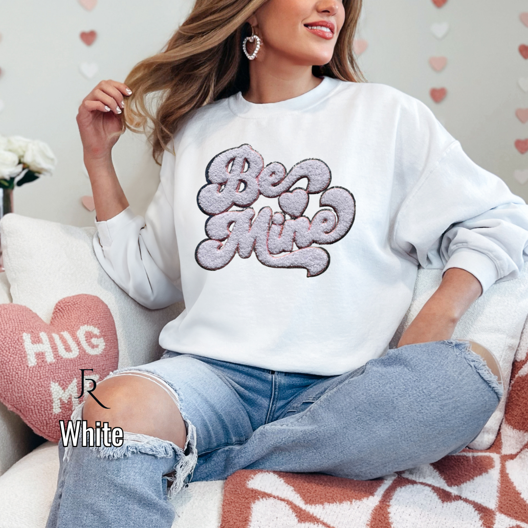 White "Be Mine" Script Chenille with silver glitter border and pops of pink fleece pullover