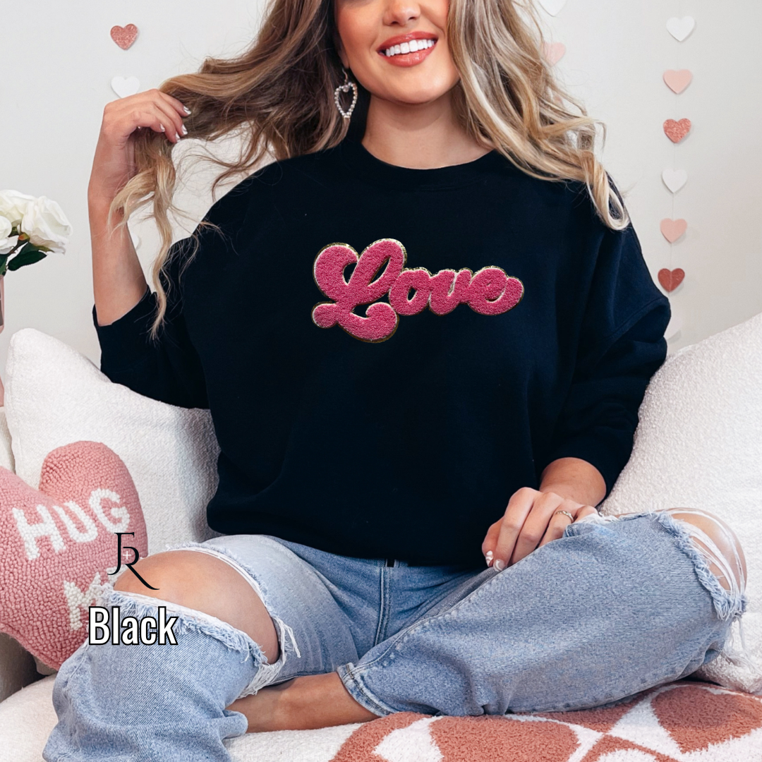 Pink Script "Love" Chenille with gold glitter border pullover