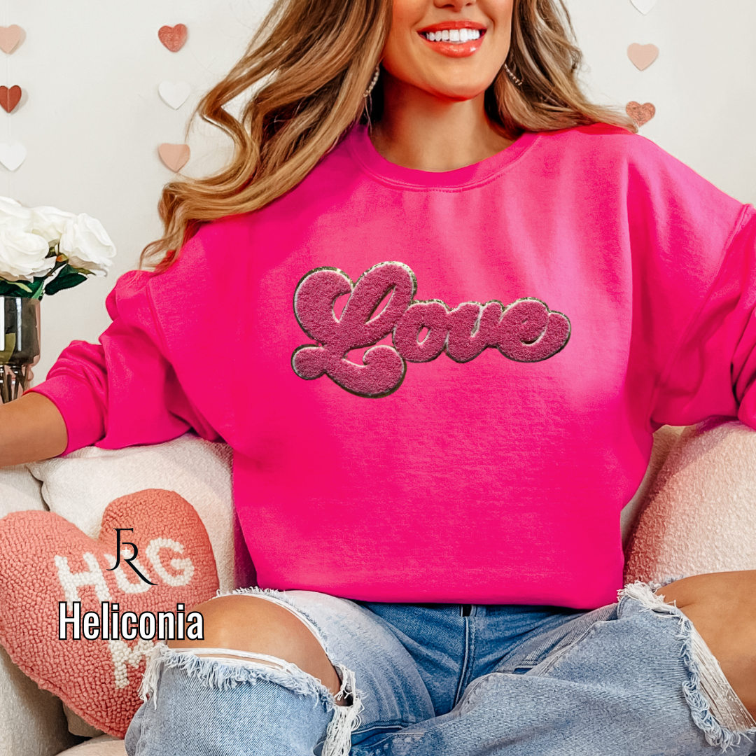 Pink Script "Love" Chenille with gold glitter border pullover