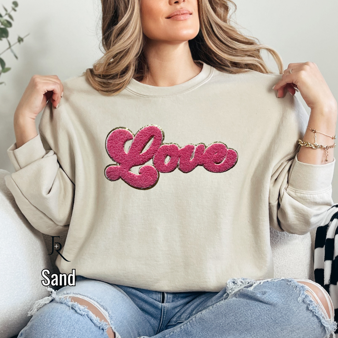 Pink Script "Love" Chenille with gold glitter border pullover