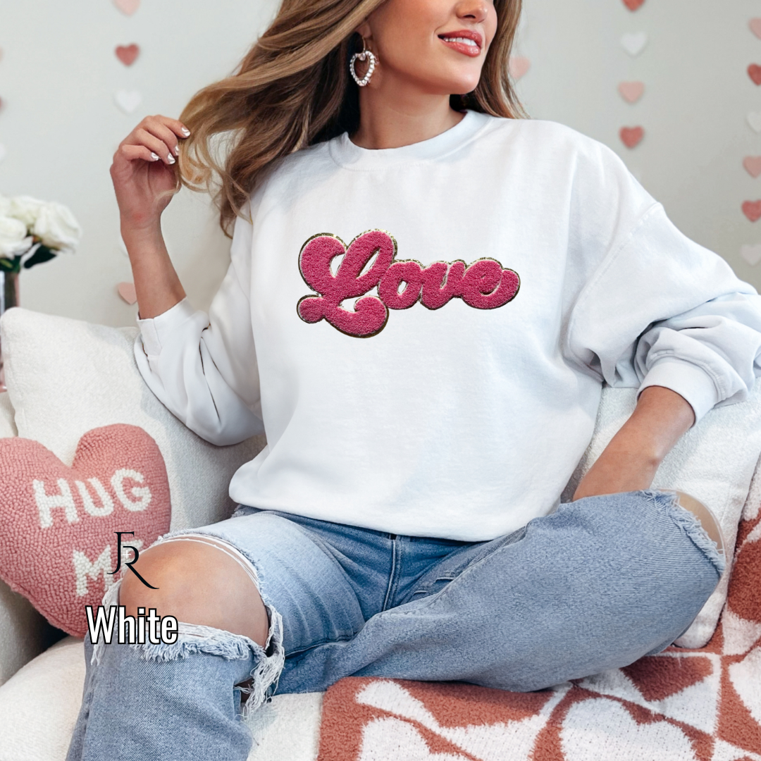 Pink Script "Love" Chenille with gold glitter border pullover