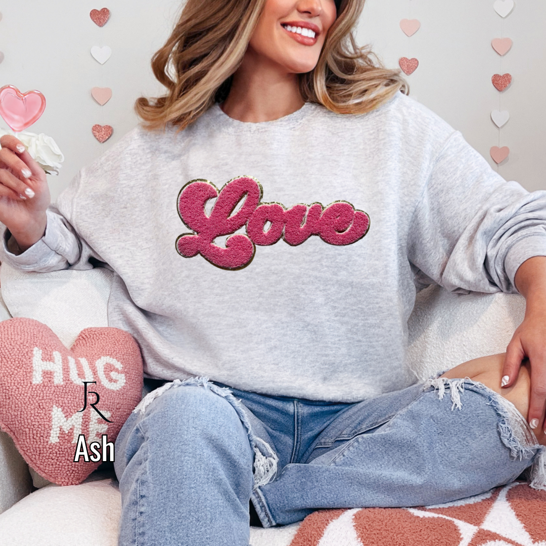 Pink Script "Love" Chenille with gold glitter border pullover