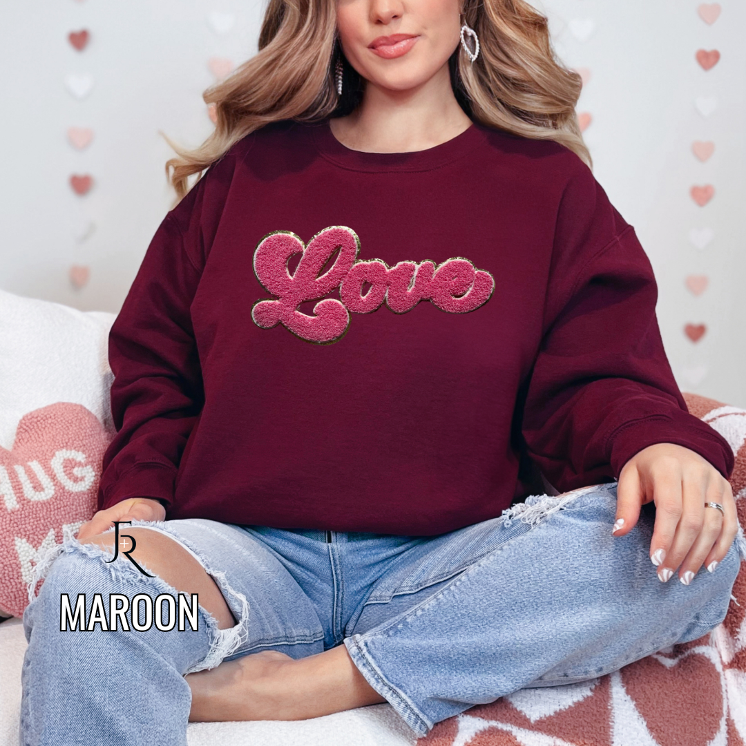 Pink Script "Love" Chenille with gold glitter border pullover