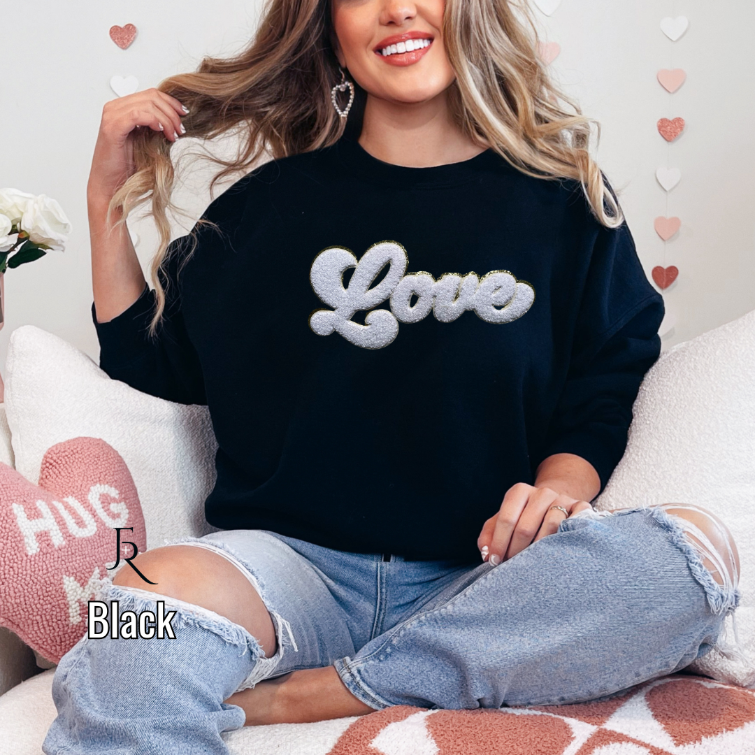 White Script Love Chenille with gold glitter border pullover