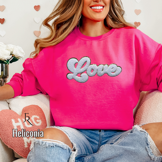 White Script Love Chenille with gold glitter border pullover