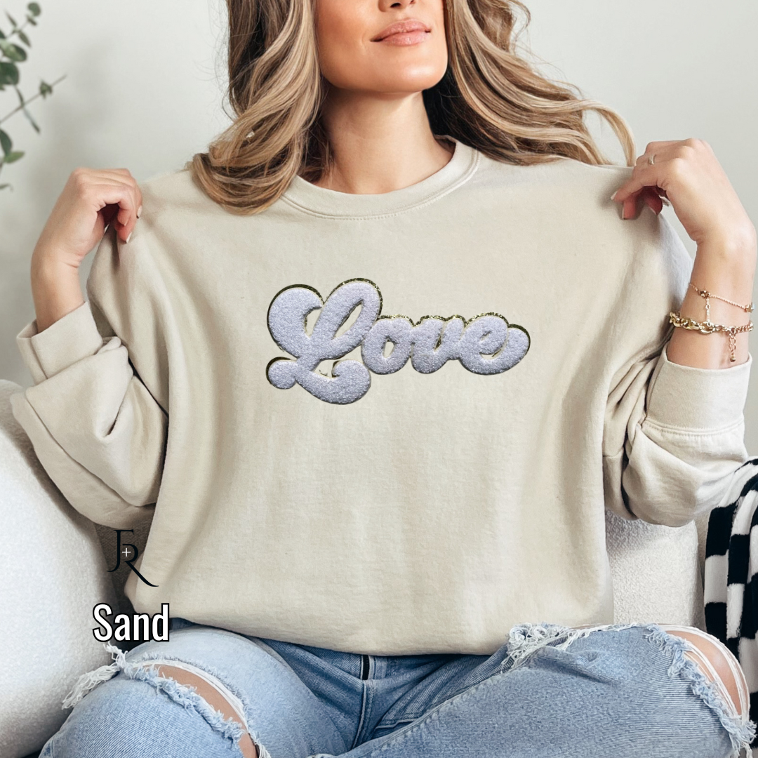 White Script Love Chenille with gold glitter border pullover