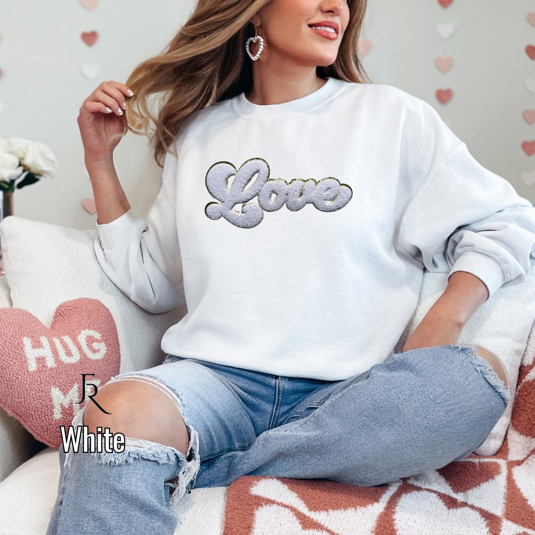 White Script Love Chenille with gold glitter border pullover