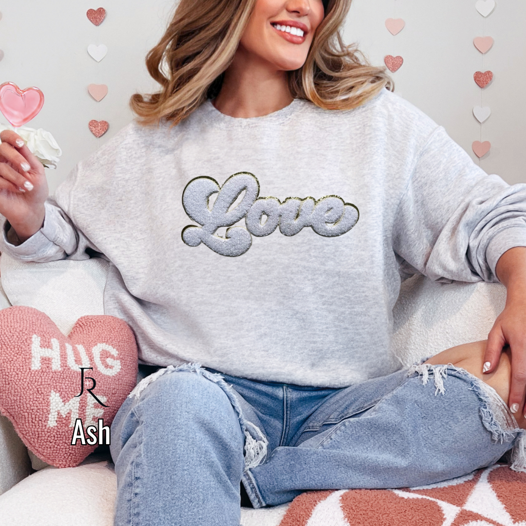 White Script Love Chenille with gold glitter border pullover