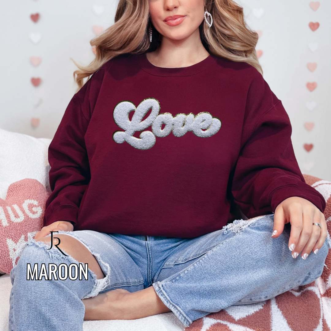 White Script Love Chenille with gold glitter border pullover